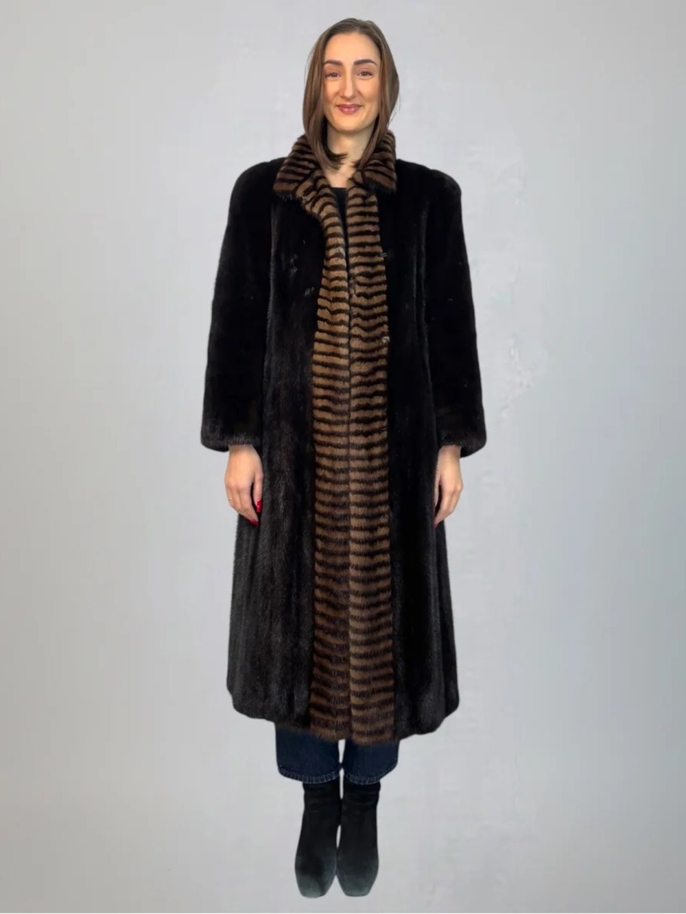 Long Black Vintage Mink Fur Coat with Brown Striped Trim